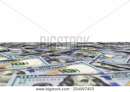 Stack Of One Hundred Dollar Bills Isolated On White Background. Stack Of Cash Money In Hundred Dolla