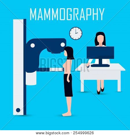 Women Getting A Mammogram, Flat Style. Vector