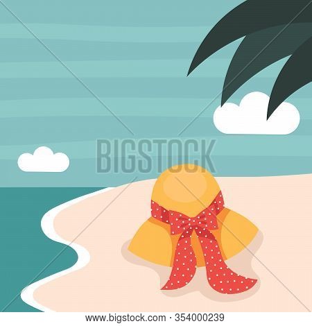 Straw Hat With Red Polka Dot Ribbon . The Concept Of A Beach Holiday On The Sea Or Ocean.flat Vector