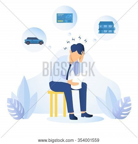Man With Financial And Debt Problems Sitting On A Stool With Paperwork With His Head On His Hand Sur