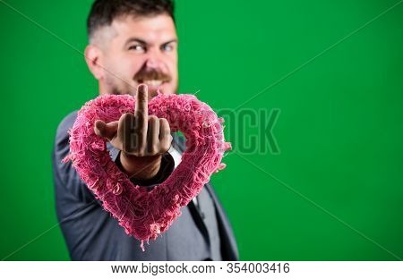 Inveterate Bachelor. Valentines Day Holiday. Stylish Esthete With Decorative Heart. Bearded Man In F