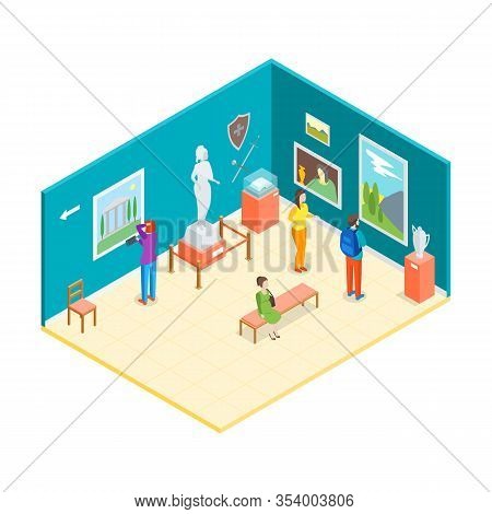 Museum Hall Interior 3d Isometric View Include Of Picture And Visitor . Vector Illustration