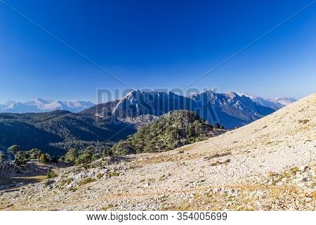 Landscape With Majestic Tahtali Dagi Mountains On Lician Way Tourist Path In Turkey