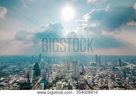 Aerial Skyline Panorama Of Bangkok Cityscape From Mahanakorn Skywalk And Business Urban Downtown Wit