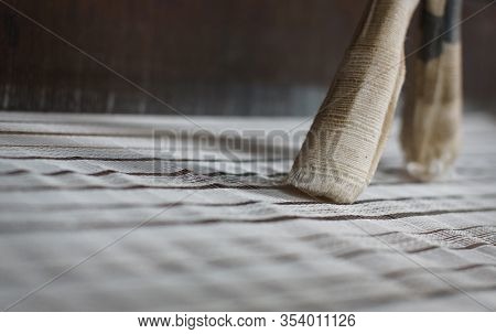 Handweaving Cloth Sheet Made Of Lotus Flower, Closeup Of Cloth Roll Standing On It, Background Of Br