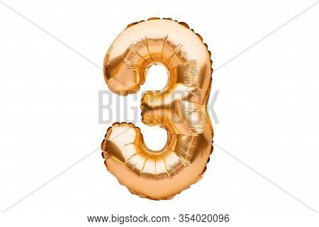 Number 3 Three, Made Of Golden Inflatable Helium Balloon. Gold Foil Balloon Font Part Of Full Set Of