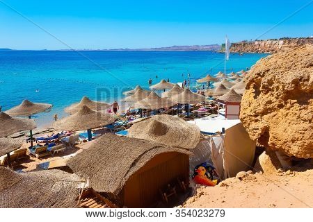 Sharm El Sheikh, Egypt - February 13, 2020: People Resting At El Fanar Beach In Egypt