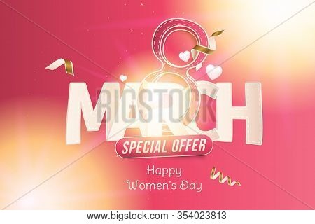 8 March International Women's Day. Greeting Card With Super Sale With Special Offer 50 With Gold Rib