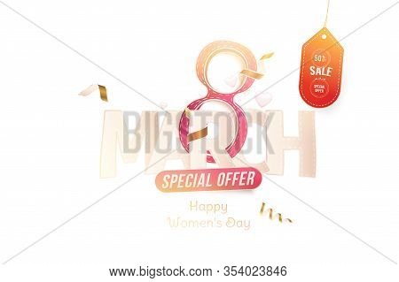 Super Sale With Special Offer 50 For 8 March International Women's Day. Greeting Card With Shining G
