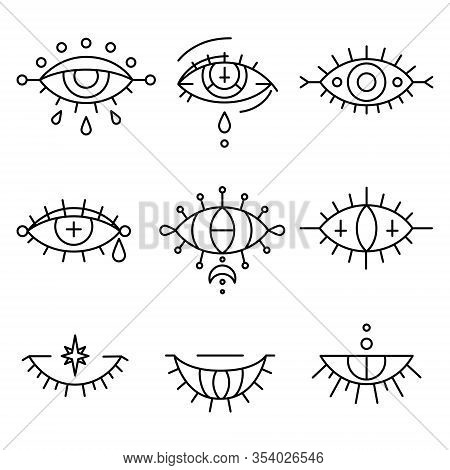 Evil Eyes Set In Hand Drawn Style. Occult, Magic And Esoteric Symbols, Line Art Collection. Decorati