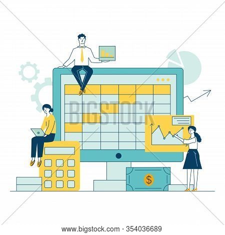 Preparation For Bookkeeping Or Annual Report Vector Illustration. Accountants Making Analyses, Calcu