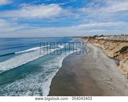 Aerial View Of Solana Beach And Cliff, California Coastal Beach With Blue Pacific Ocean. San Diego C