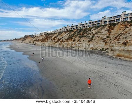 Aerial View Of Solana Beach And Cliff, California Coastal Beach With Blue Pacific Ocean. San Diego C