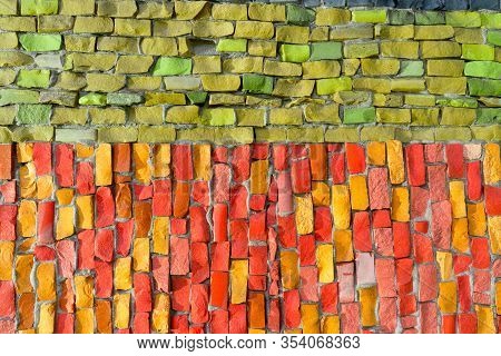 Matte Smalt Mosaic Decorates Wall Of Building. Multi-colored Abstract, Geometric Background For Your
