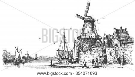 Panoramic View Of The Old Mill And The Village Near The River. Old Windmill Village House. Vector Sk
