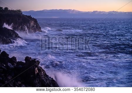 Dangerious Ocean Stormy Waves Hits Black Lava Rocks On La Palma Island, Canary, Spain, Bad Winter We