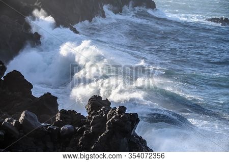 Dangerious Ocean Stormy Waves Hits Black Lava Rocks On La Palma Island, Canary, Spain, Bad Winter We
