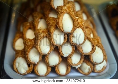 Sweet Italian Desssert, Pile Of Cannoli Pastry Filled With Ricotta Cream Cheese Close Up