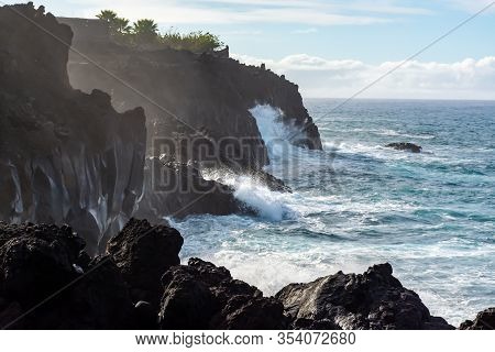 Dangerious Ocean Stormy Waves Hits Black Lava Rocks On La Palma Island, Canary, Spain, Bad Winter We