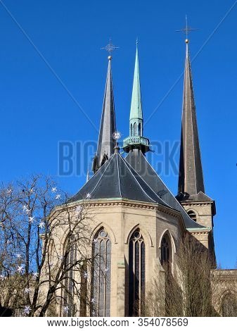 Cathedral Notre Dame Of Luxembourg View From Petrusse Park Side On An Early Spring Day