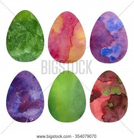 Set Easter Eggs With Different Texture On White Background. Watercolor Illustration.