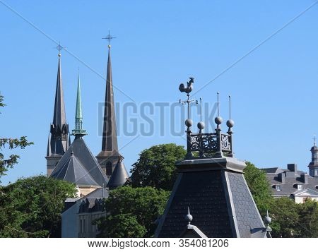 Cathedral Notre Dame Of Luxembourg View From Petrusse Park Side On An Early Spring Day, Building Wit