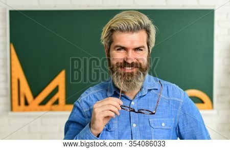 Happy Teacher In Glasses. Back To School. Man Engineering Graphics And Projects. Science In Modern S