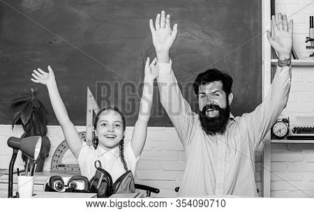Task Successfully Done. Homeschooling With Father. Help Study. Discipline Upbringing. Man Bearded Pe