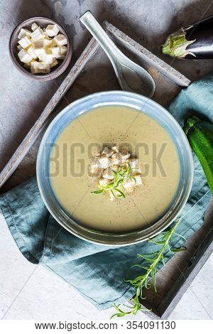Creamy Eggplant And Zucchini Soup With Balkan Cheese
