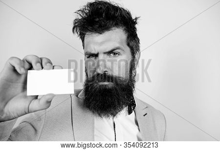 Self Presentation. Serious Bearded Man Business Card. Copy Space. Mature Businessman. Blank Piece Of