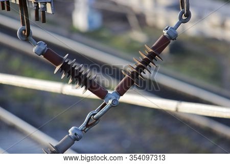 Wires Over The Railway. Connection Of Two Wires With High Voltage
