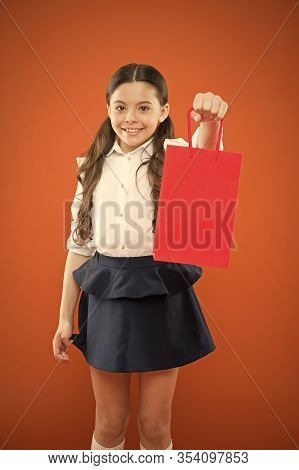 Buy School Supplies. Back To School Season. Girl Holding Shopping Bag. Prepare For School Season Buy