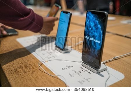 Apple Iphone 11 Pro Max On Stand In Apple Store Close Up - Dubai, Uae, February 2020.