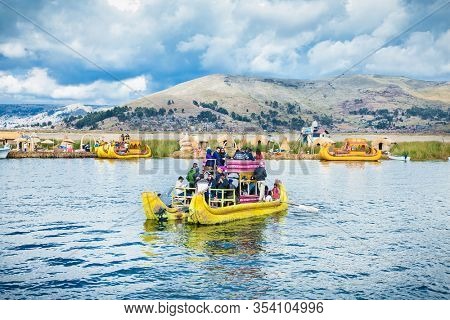 Uros, Peru - Jan 5, 2019. Uros floating islands on Titicaca lake in Puno, Peru, South America.
