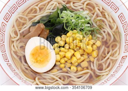 Close Up Of Japanese Soy Sauce Ramen Noodles On White Background