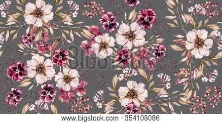 Watercolor Vintage Flower Seamless Pattern On Luxury Gray Print. Handpainted Watercolour Floral Patt