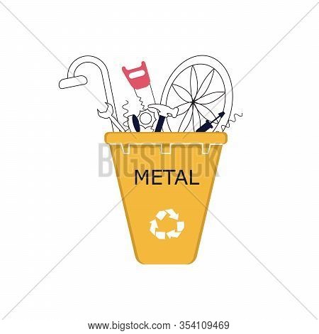 Metal Waste In Recycling Bin. Discarded Irony, And Ferreous Objects. Line Art Vector Illustration