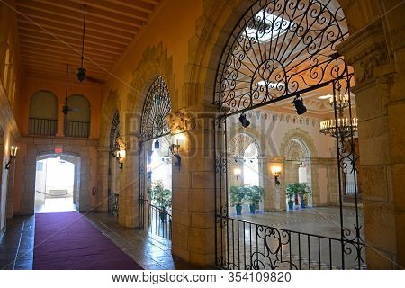 PALM BEACH, FL, USA - JAN. 2, 2015: Hotel Addition Courtyard of Whitehall Mansion by Henry Morrison Flagler, built in 1902 with Beaux Arts style in Palm Beach, Florida FL, USA.