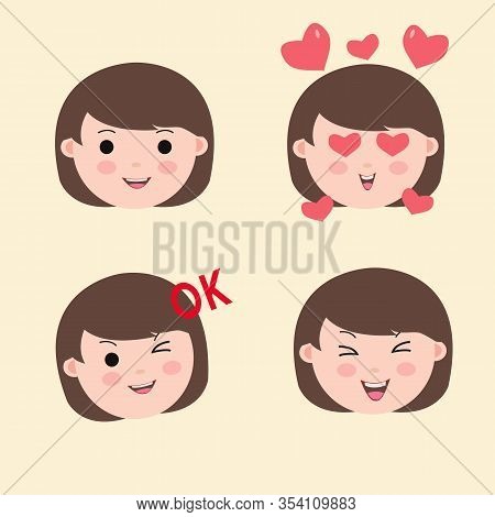 Set Cute Girl Emoticon Positive Ekprestion Vector