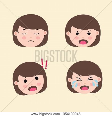 Set Cute Girl Emoticon Negative Emotion Vector