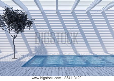 Rooftop swimming pool with garden, creative concept, 3D illustration, rendering.