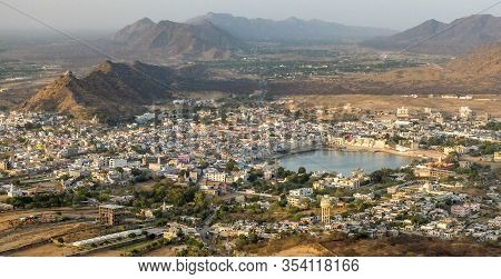 Salvitri Mata Temple At Dusk,overlooking Pushkar,rajasthan,india.lights,evening