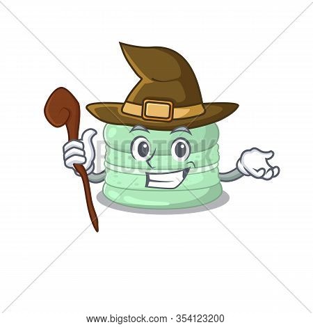A Mascot Concept Of Pistachio Macaron Performed As A Witch