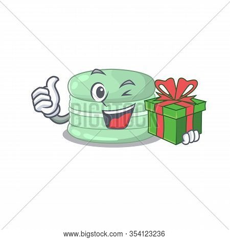 Happy Pistachio Macaron Character Having A Gift Box