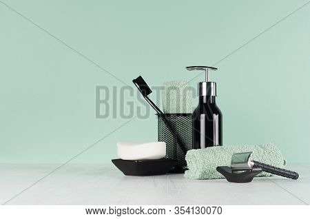 Elegant Men Dressing Table In Trend Green Mint Menthe Color - Black Razor, Toothbrush, Soap, Towel, 