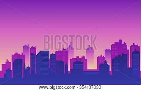 Urban Silhouette With Many Buildings Skycraper And Mall.