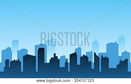 Urban Silhouette With Many Buildings Skycraper And Mall.