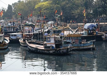 Mumbai, India - February 29, 2020: View Of Fishing Boats Sitting In The Harbor At The Sassoon Docks