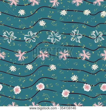 Rows Of Flowers Floating On Dark Teal Striped Water Seamless Vector Pattern. Striped Surface Print D