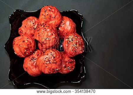Red Appetizer For Buffet Of Custard Dough With Filling. Freespace